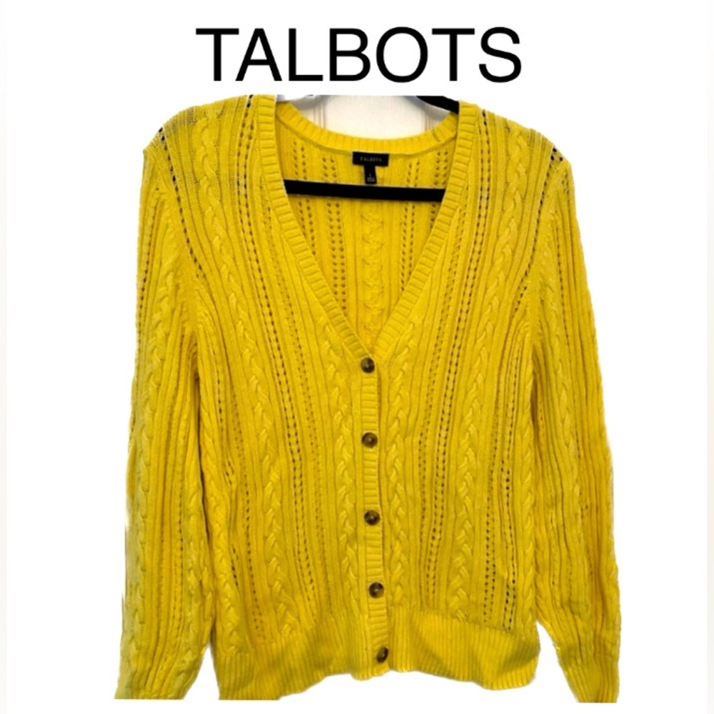 Talbots Pointelle V-Neck Yellow Cardigan Size L